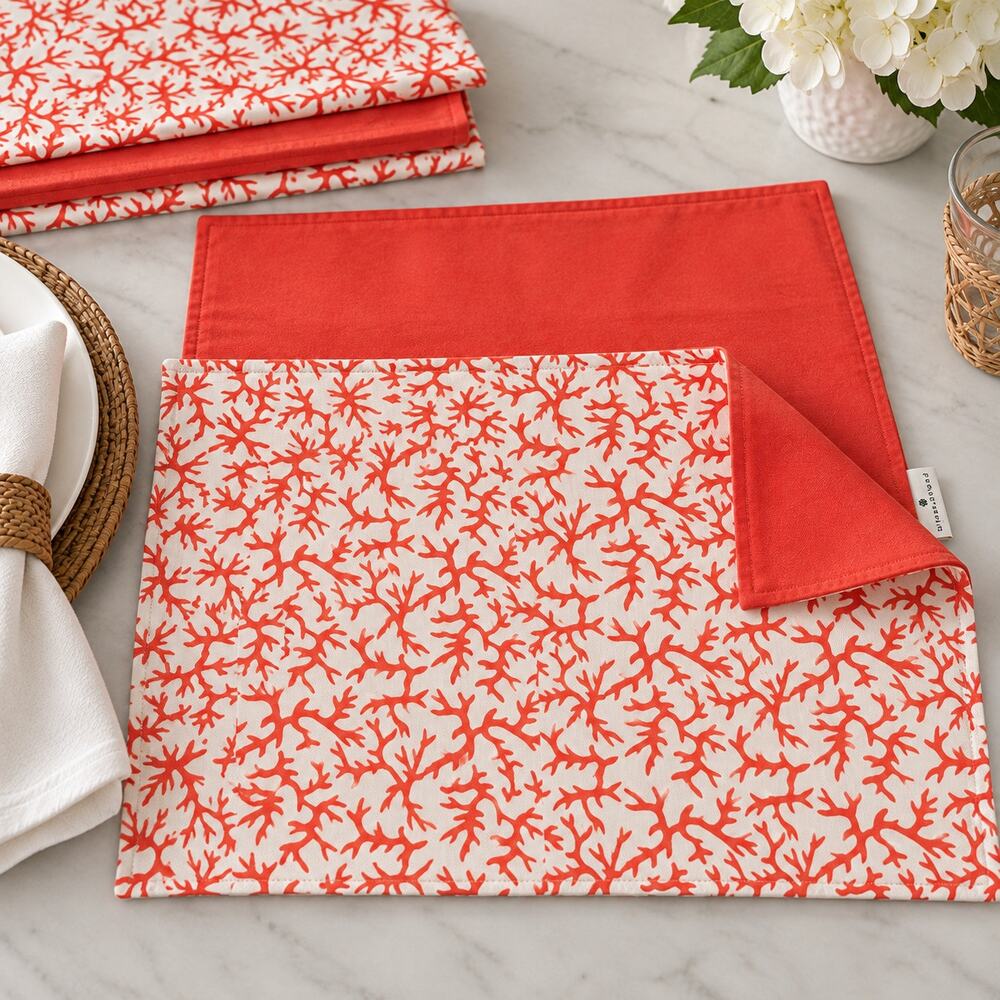 NWT Pomegranate Reversible Coral Orange Placemats Set 4 Coastal 13x19